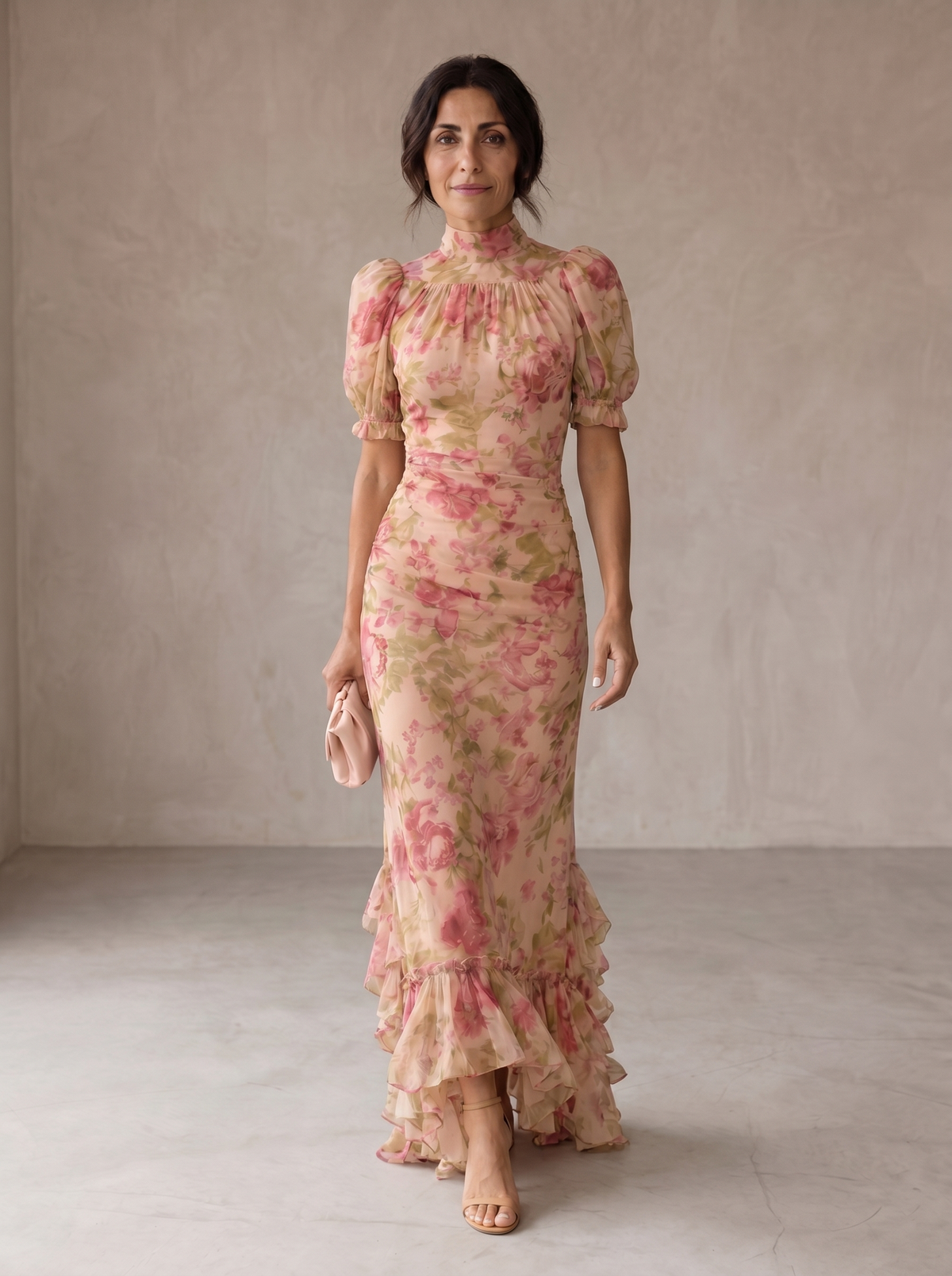 Floral Print High Neck Puff Sleeve Ruffle Hem Maxi Dress