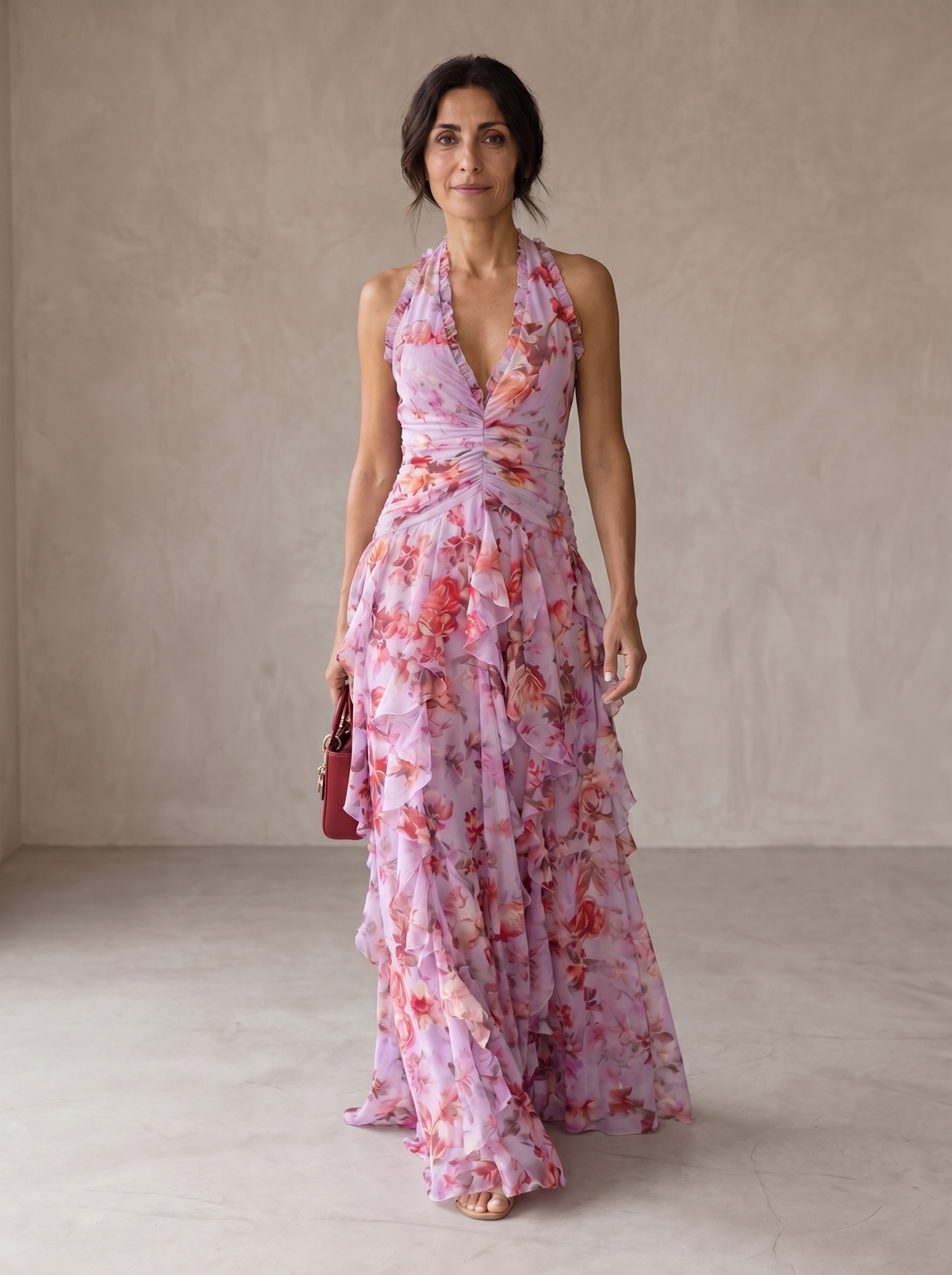 Floral Halter Neck Deep V-Neck Ruffle Tiered Maxi Gown