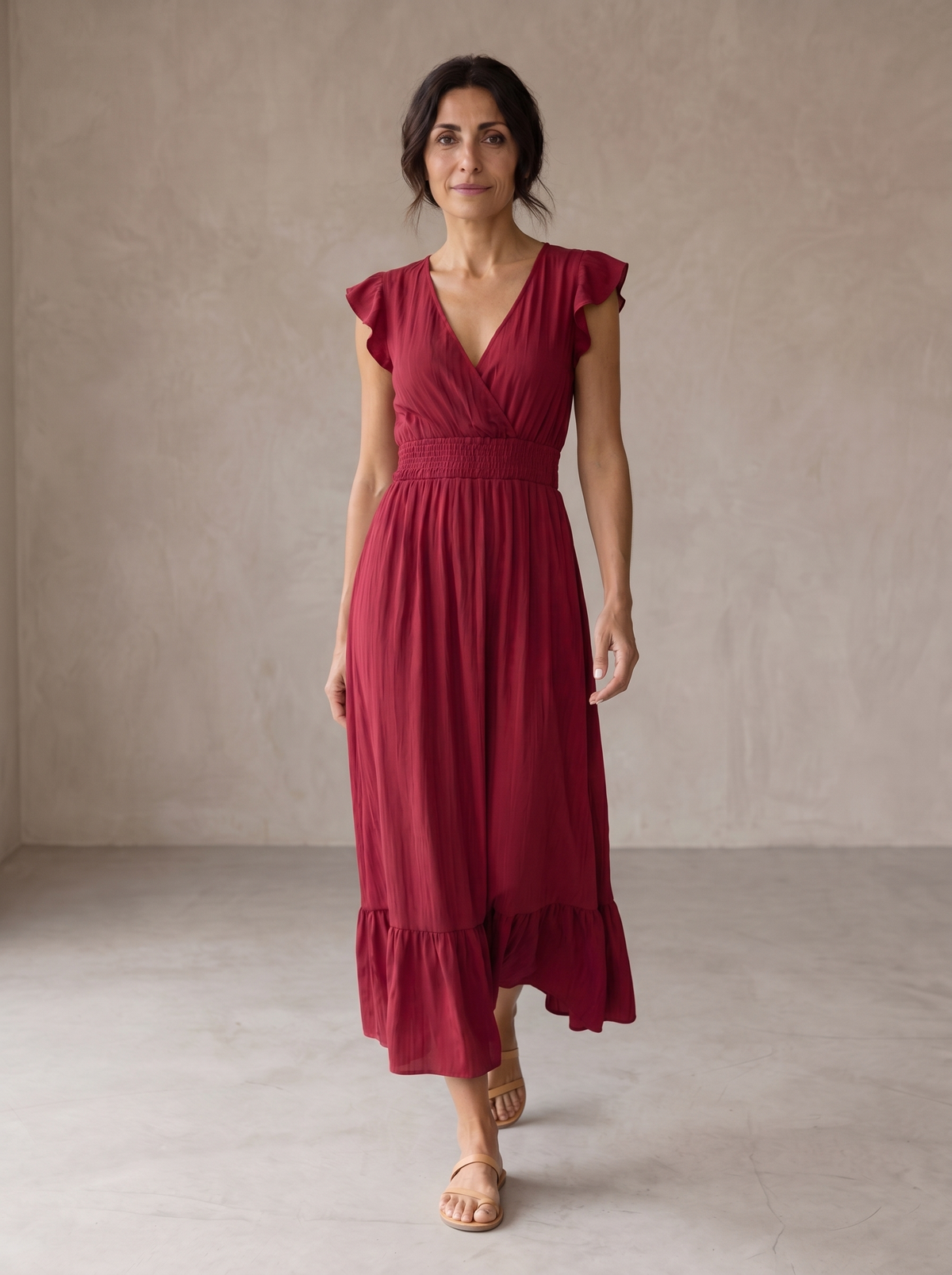 V-Neck Flutter Sleeve Smocked Waist Ruffle Hem Maxi Dress