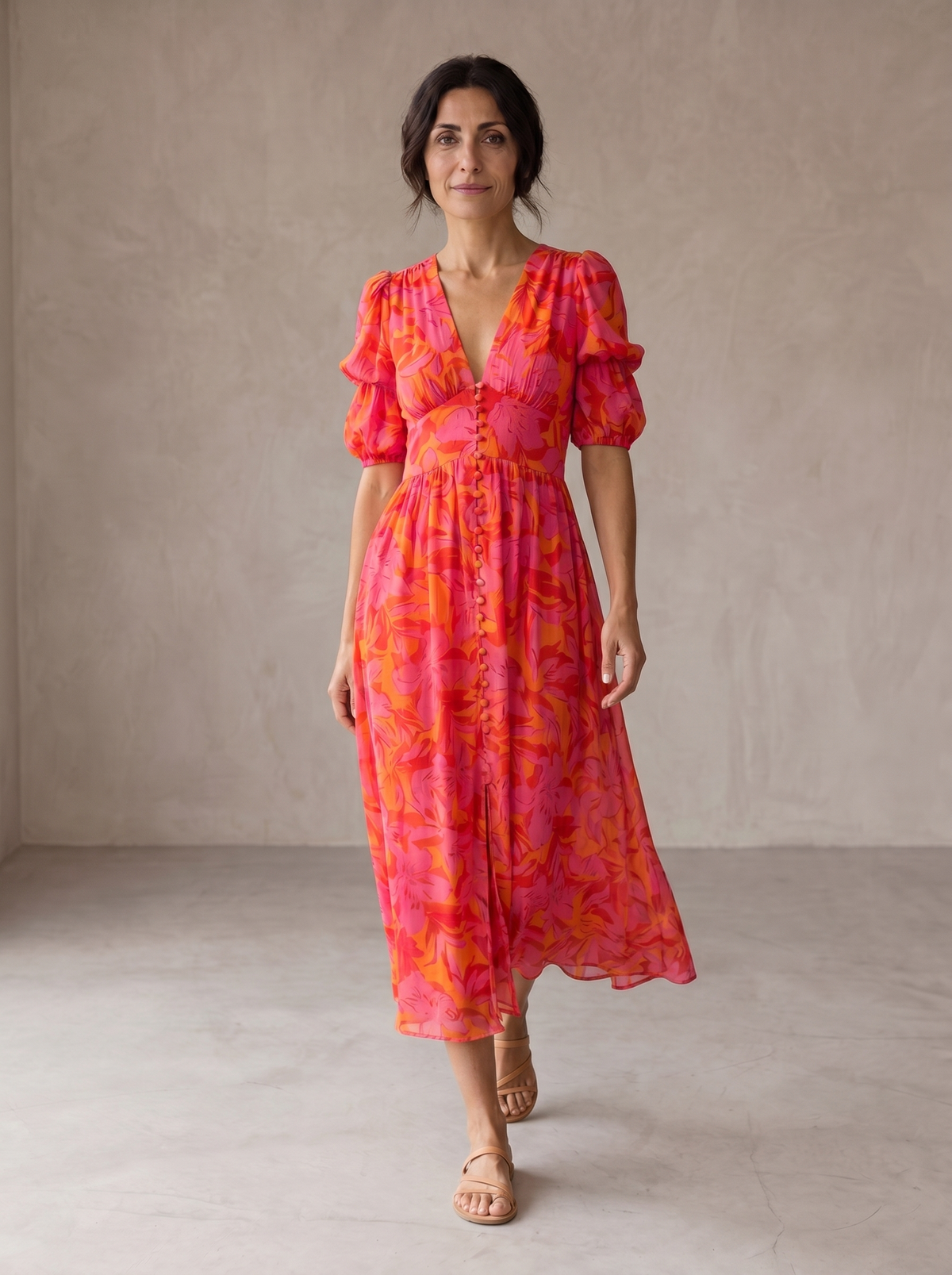 Floral Print V-Neck Puff Sleeve Button Front Midi Dress