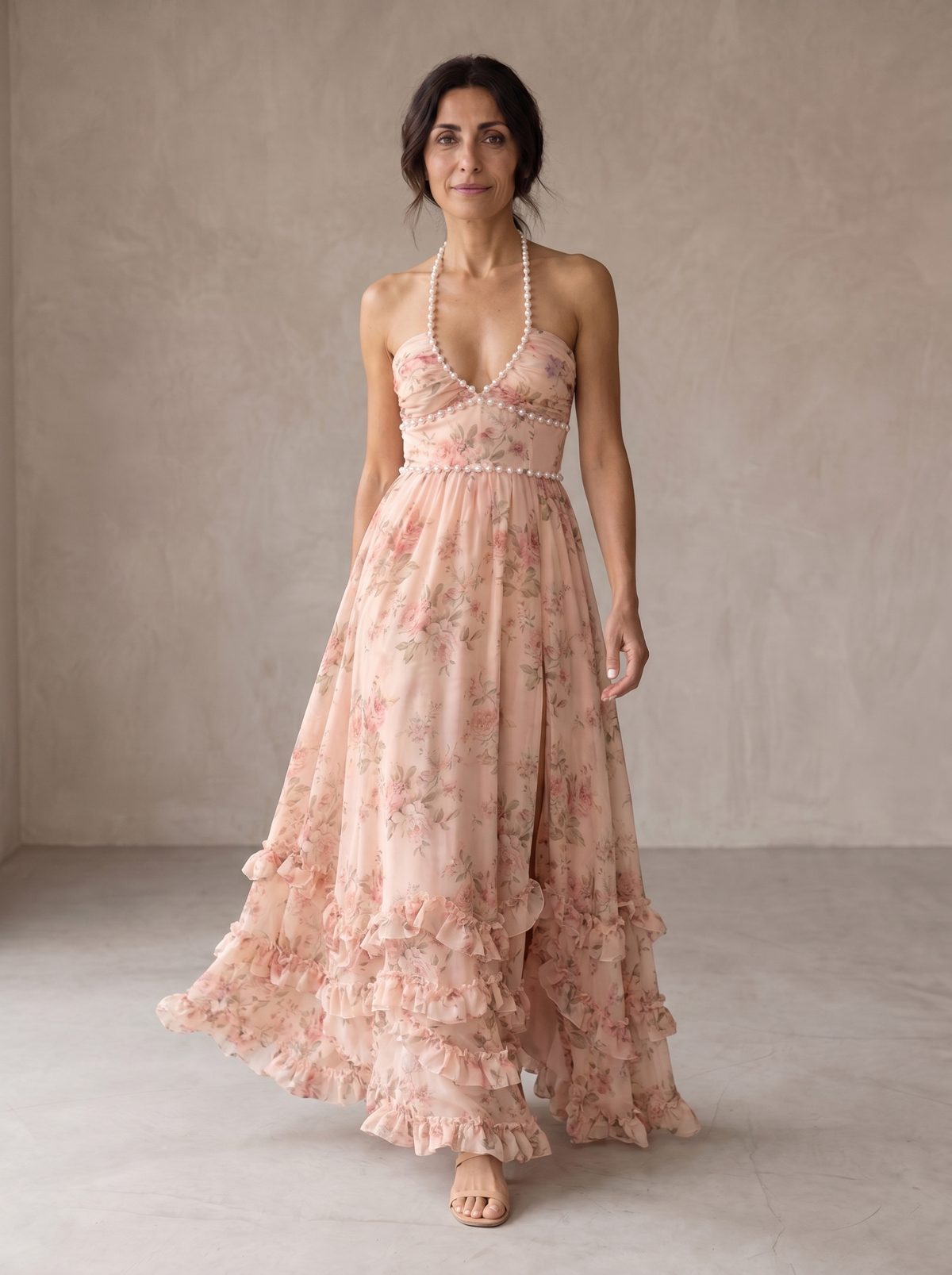 Floral Halter Neck Faux Pearl Trim Ruffle Hem Maxi Dress
