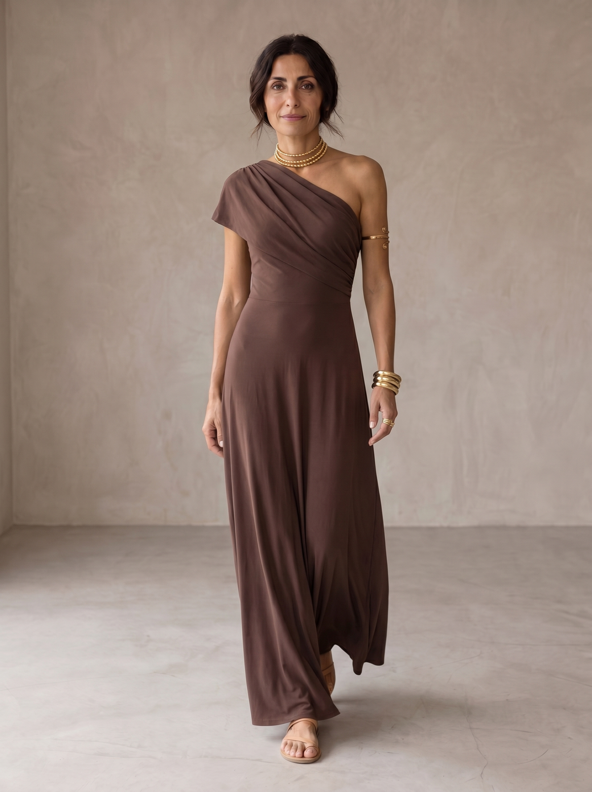 One Shoulder Draped Ruched Maxi Dress