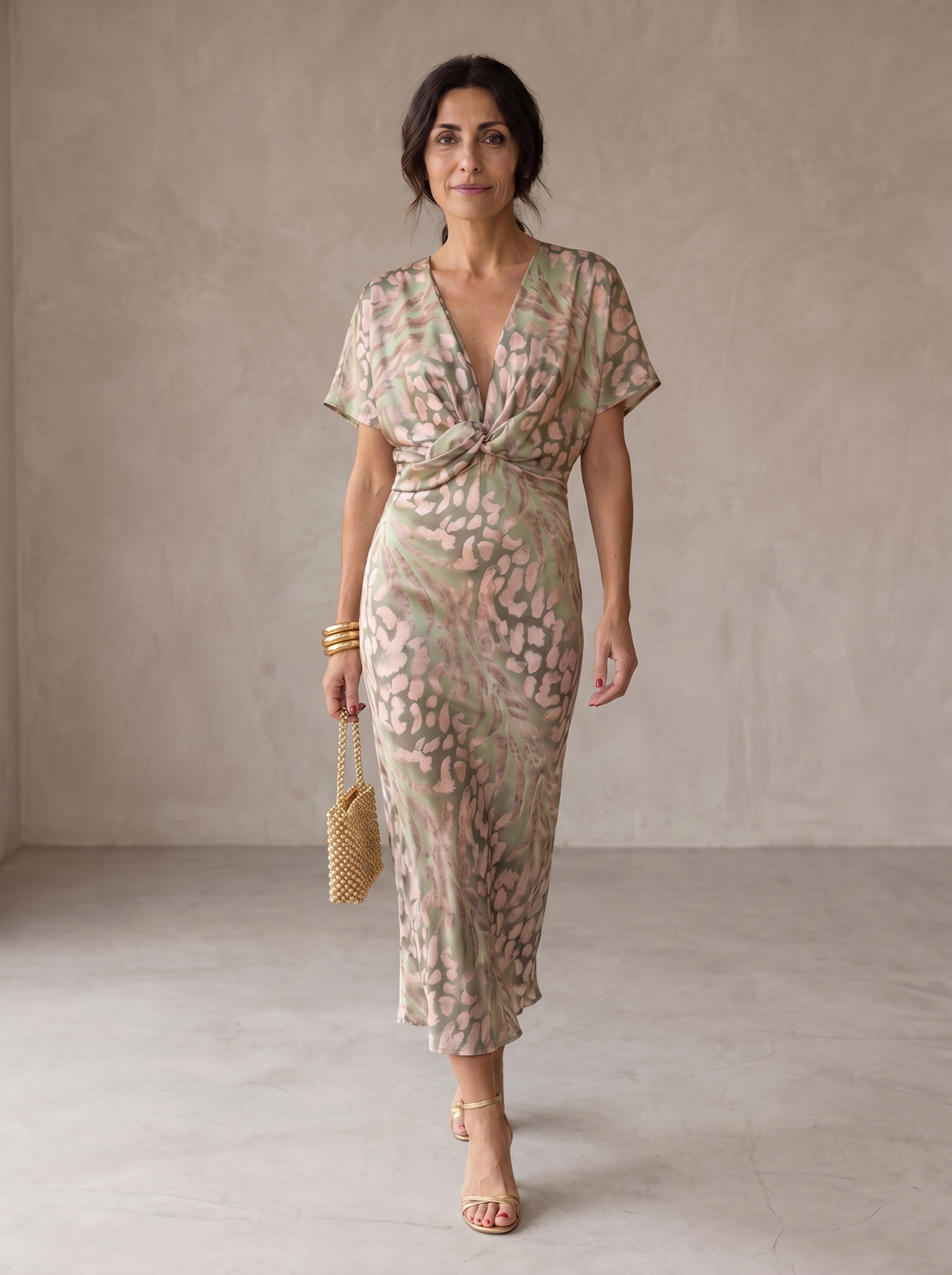 Animal Print Twist Front Deep V-Neck Short Sleeve Midi Dress