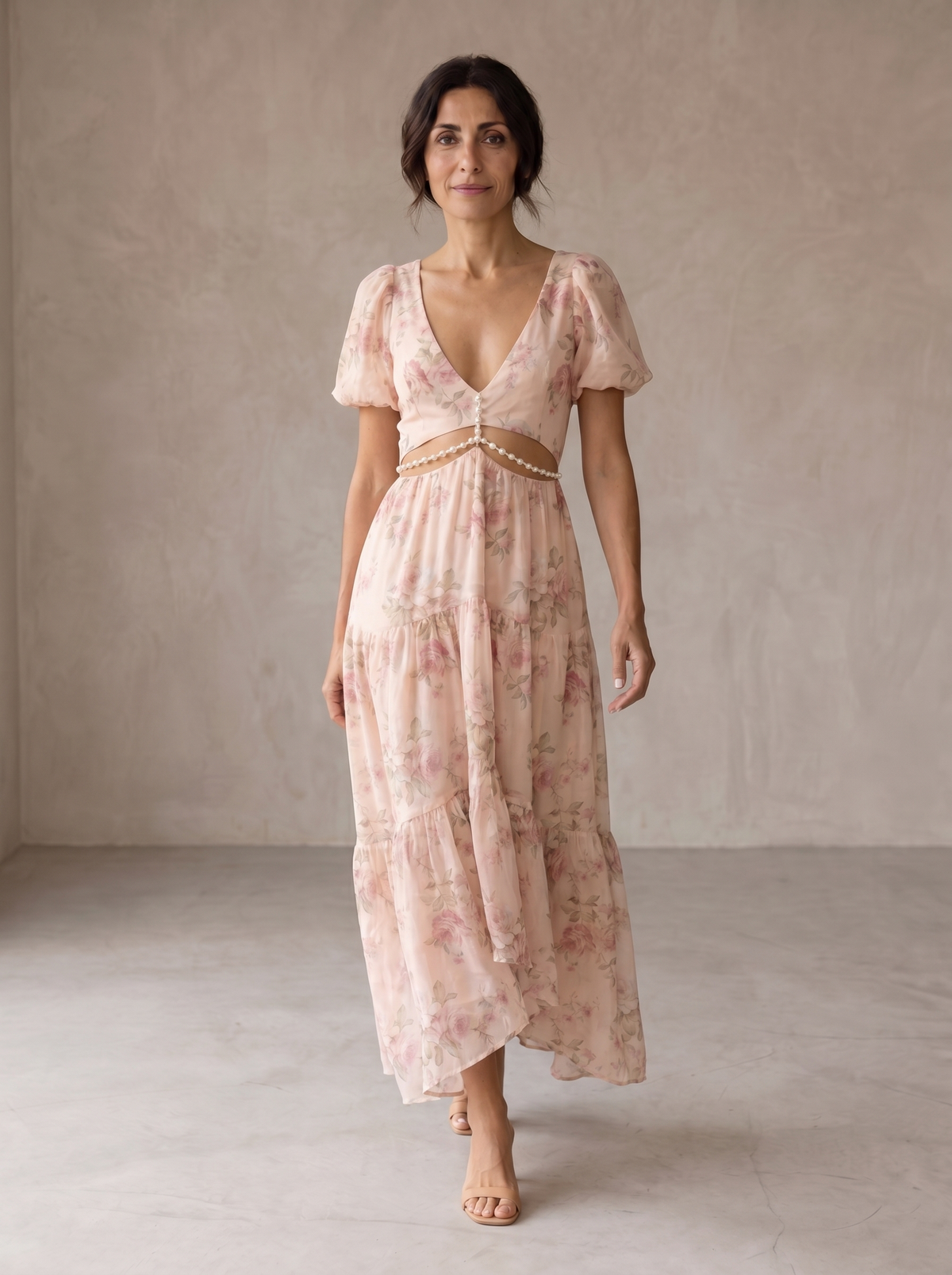 Floral Print V-Neck Puff Sleeve Cut Out Waist Tiered Maxi Dress