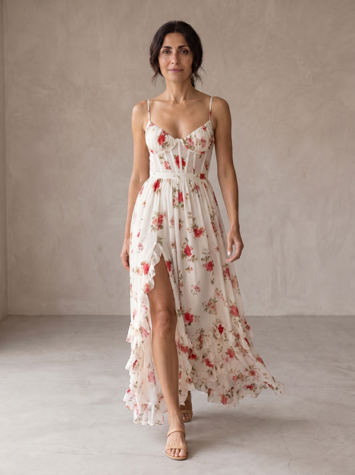 Floral Corset Bodice High Split Ruffle Hem Maxi Dress