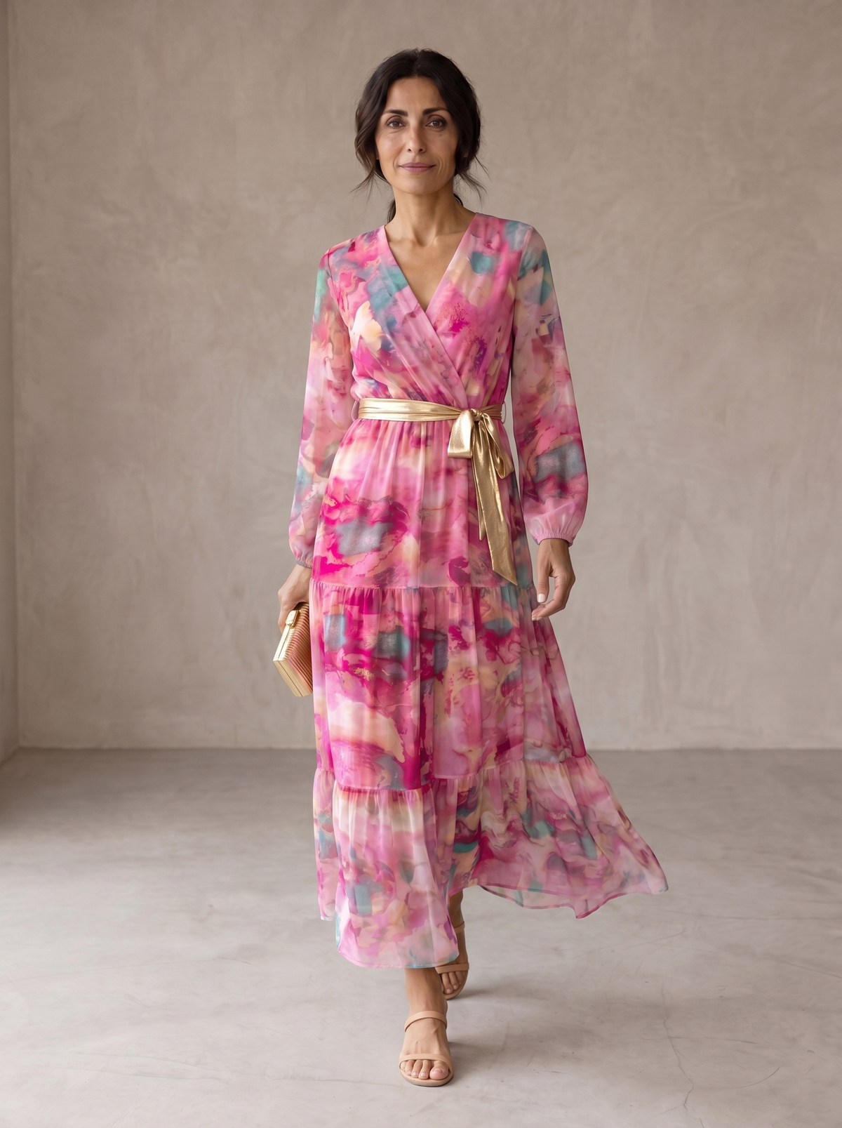 Watercolor Floral Wrap Long Sleeve Tiered Belted Maxi Dress