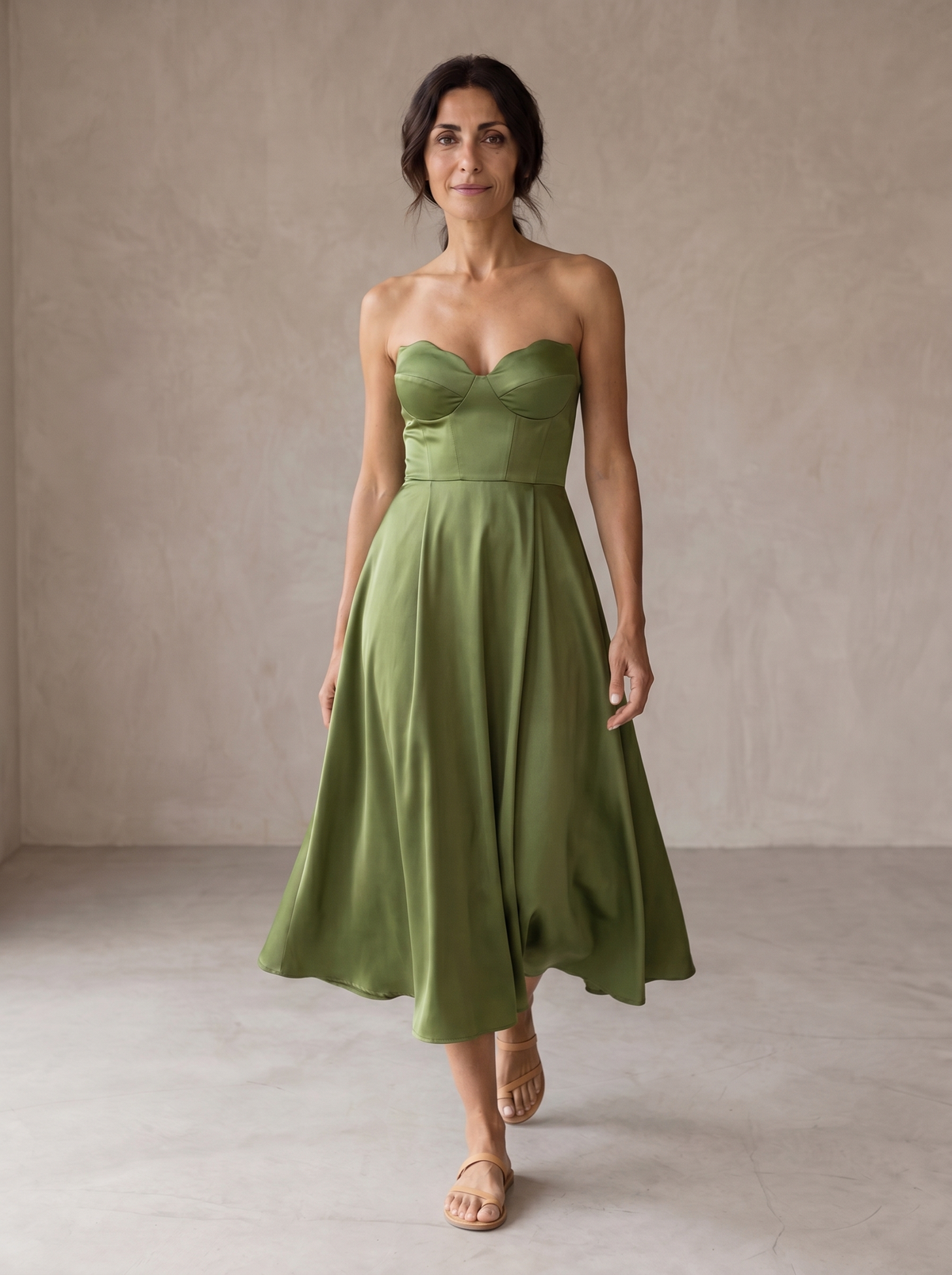 Satin Sweetheart Strapless Corset Fit and Flare Midi Dress