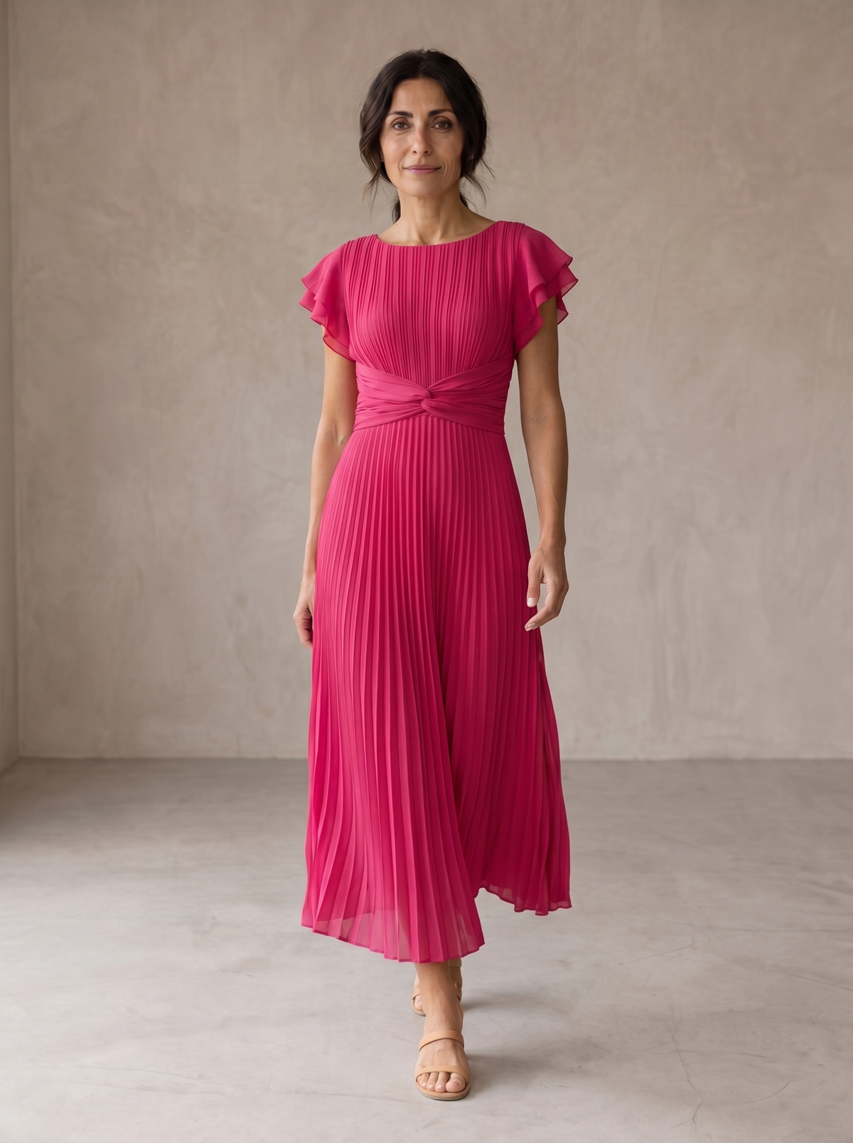 Flutter Sleeve Twist Waist Pleated Maxi Dress