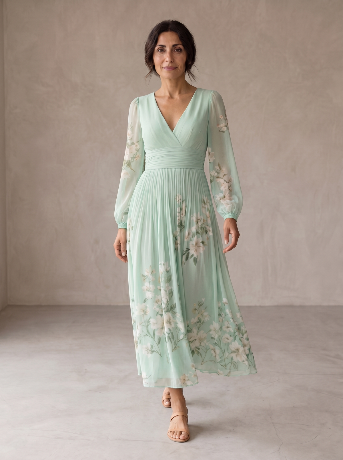 Cecile | Light Green Floral Midi Dress