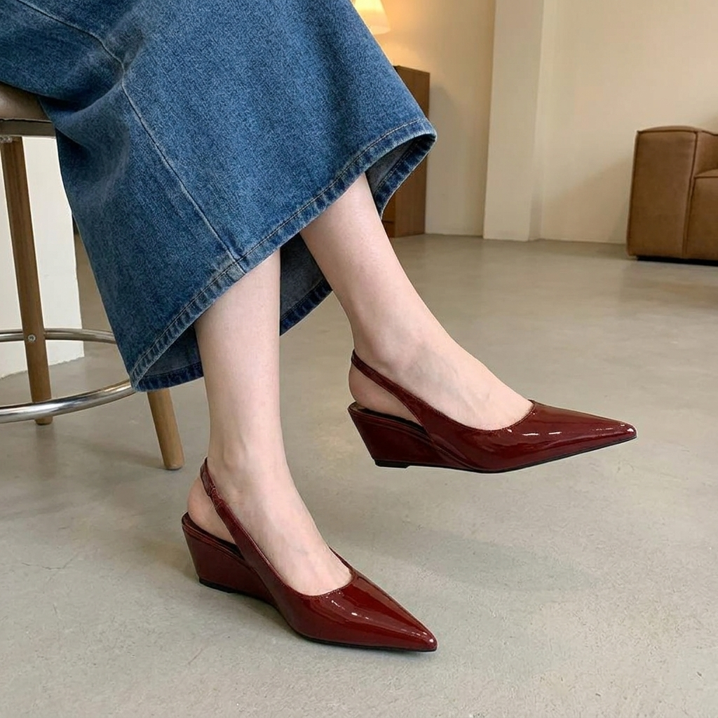 Pointed Toe Patent Slingback Wedge Pumps 7