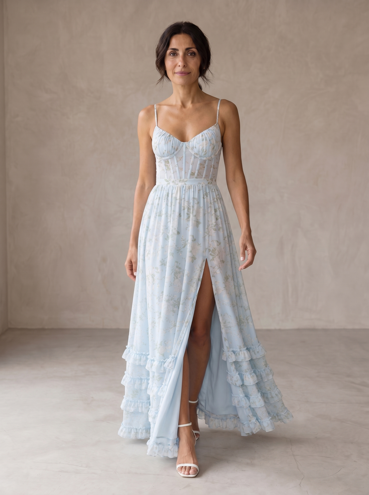 Floral Print Corset Bodice High Split Ruffle Hem Maxi Dress