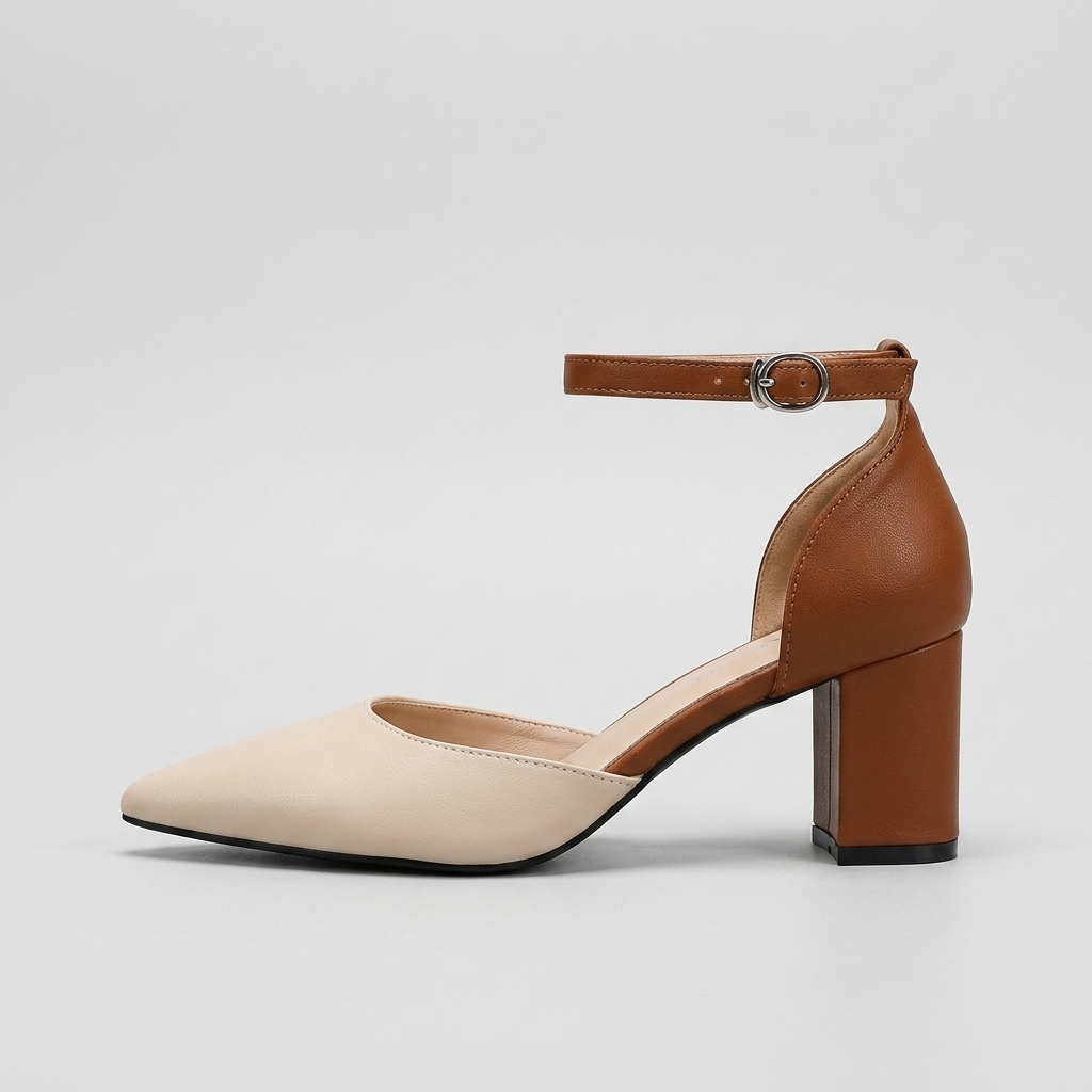 Pointed Toe Ankle Strap Block Heel Pumps