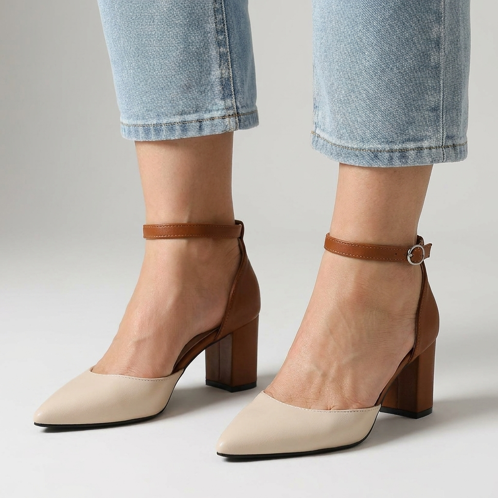 Pointed Toe Ankle Strap Block Heel Pumps