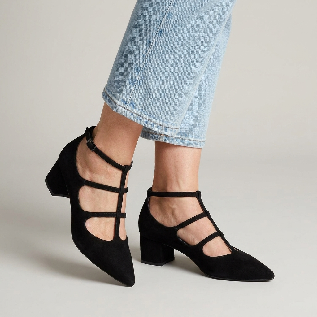 Pointed Toe Caged Strap Low Block Heel Flats