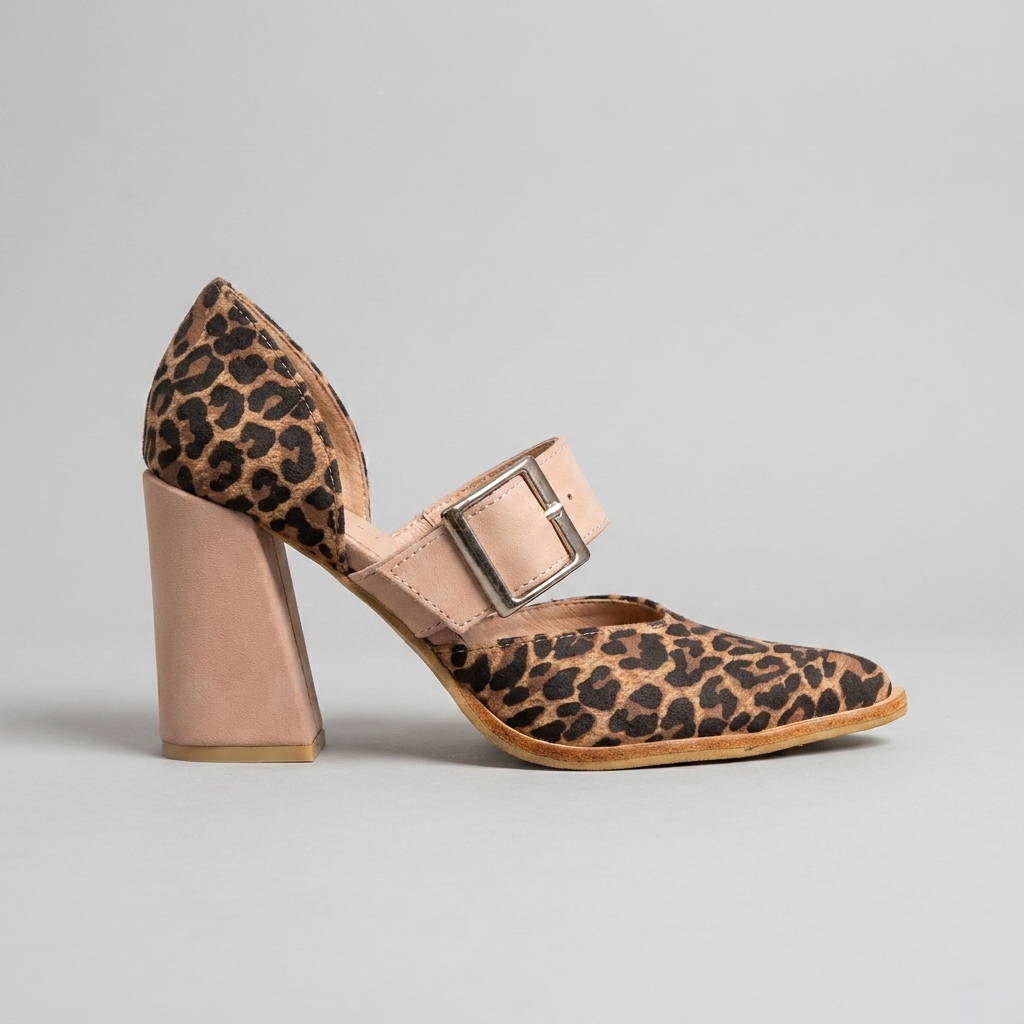 Leopard Print Pointed Toe Buckle Strap Block Heel Pumps