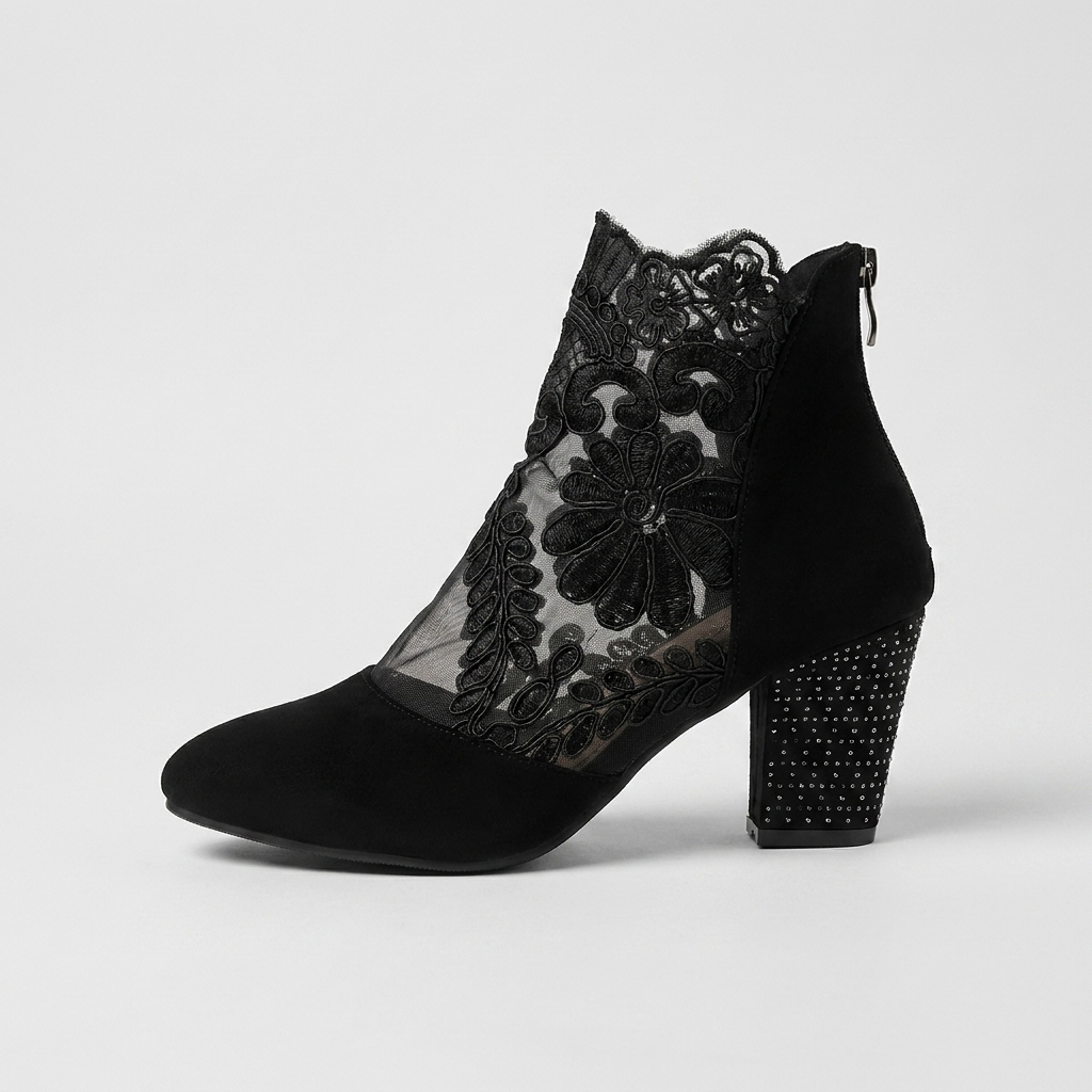 Floral Lace Mesh Panel Studded Block Heel Ankle Boots