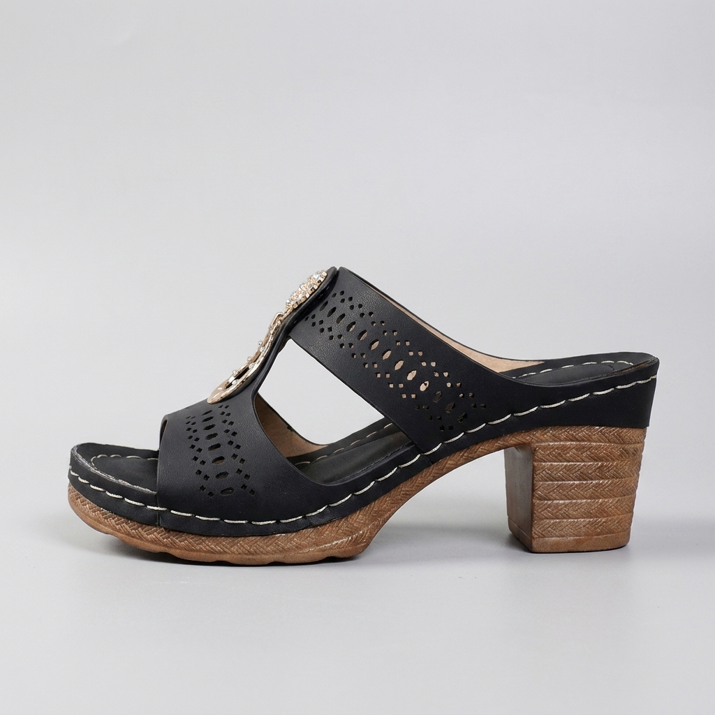Open Toe Cut Out Embellished Block Heel Platform Slides