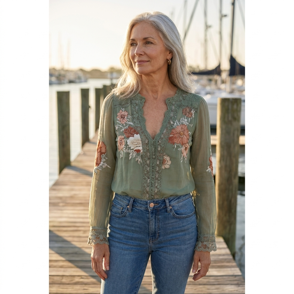 Floral Lace Trim V-Neck Long Sleeve Blouse 3
