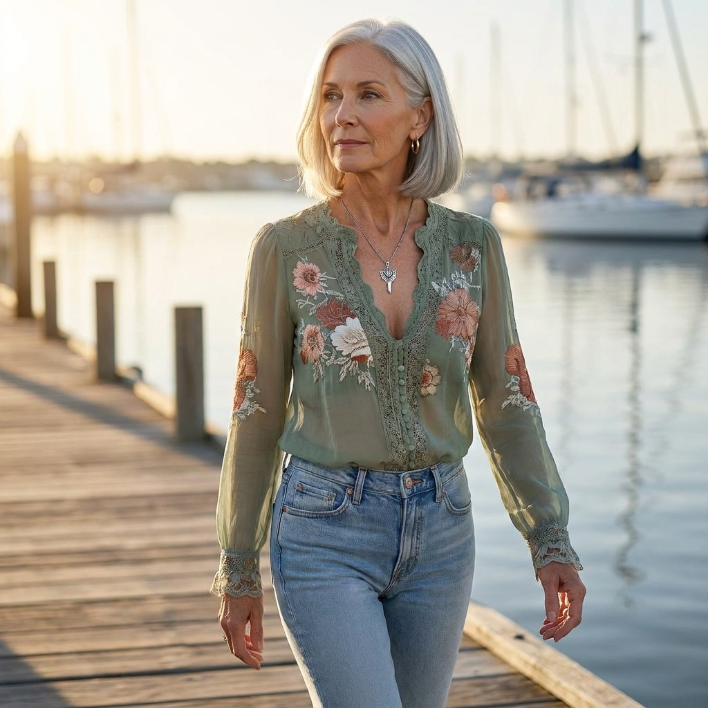 Floral Lace Trim V-Neck Long Sleeve Blouse
