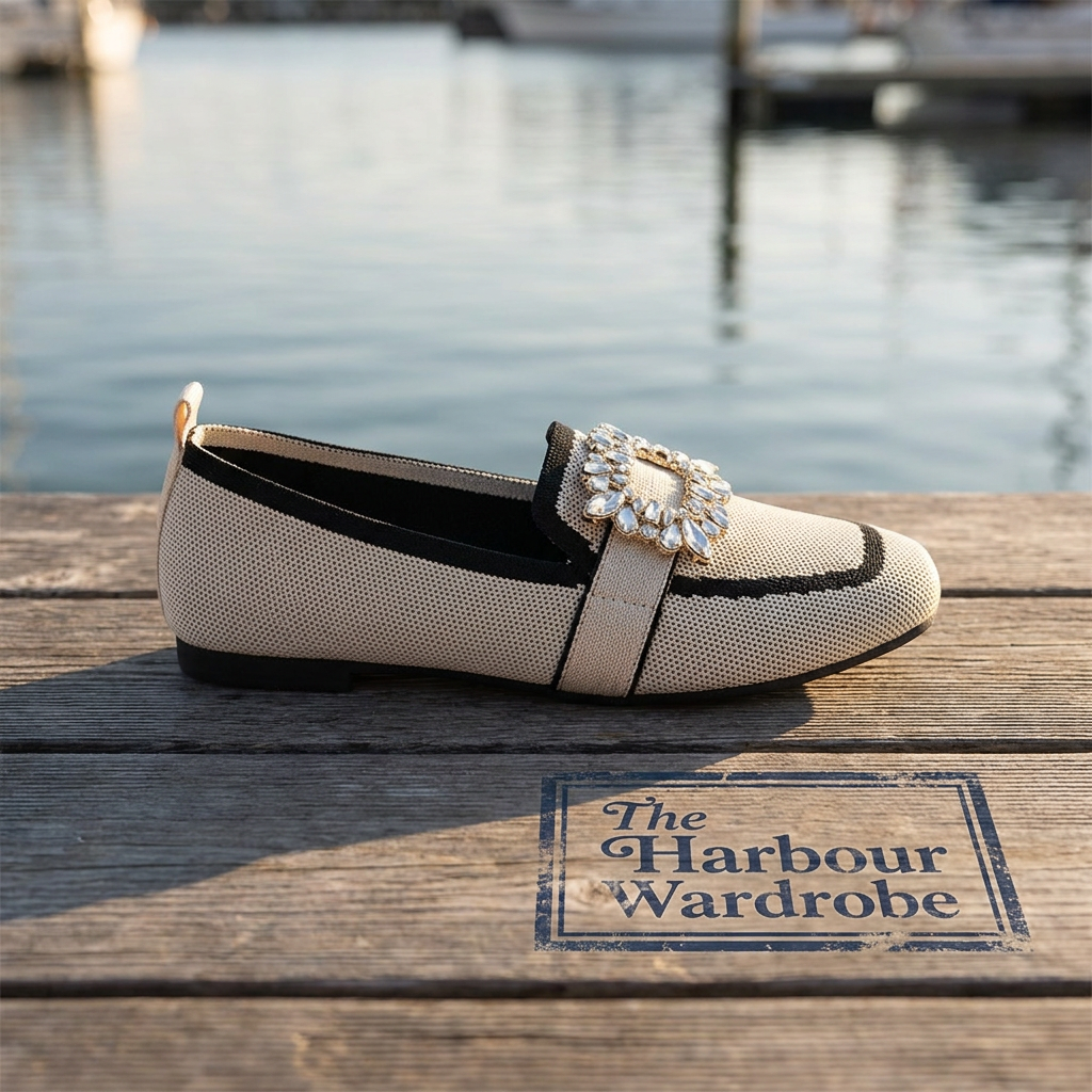 Round Toe Crystal Buckle Knit Flat Loafers