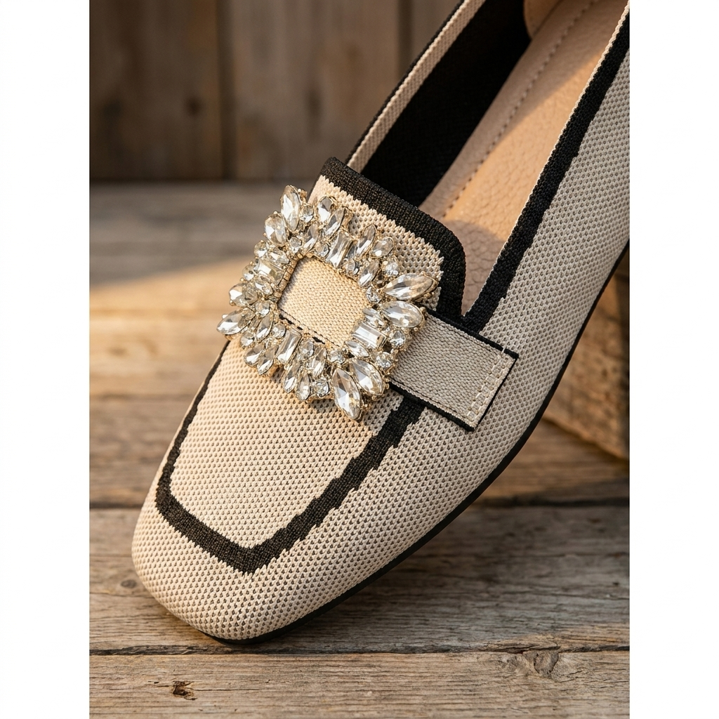 Round Toe Crystal Buckle Knit Flat Loafers