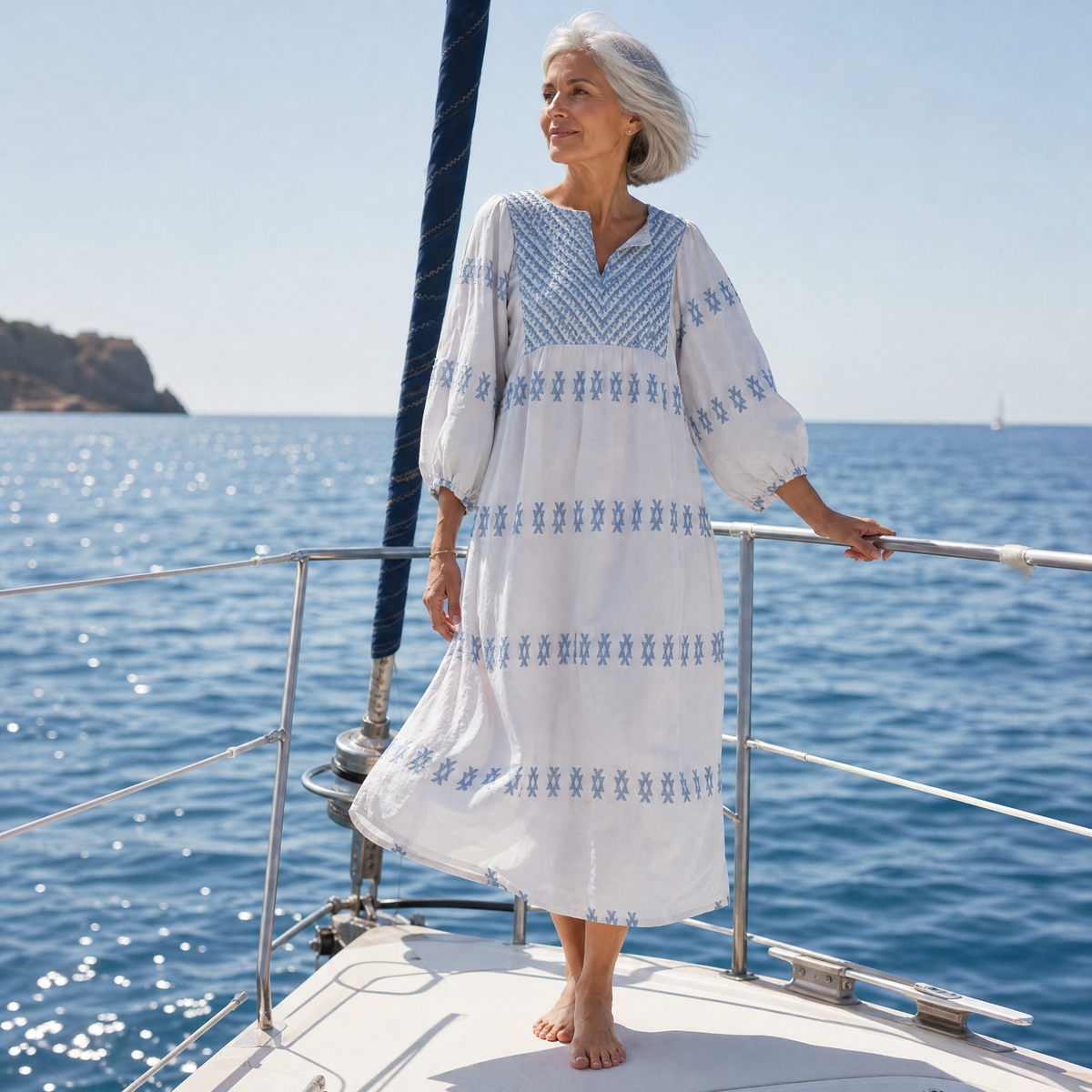 Evadne | V Neck Long Sleeve Embroidered Maxi Dress