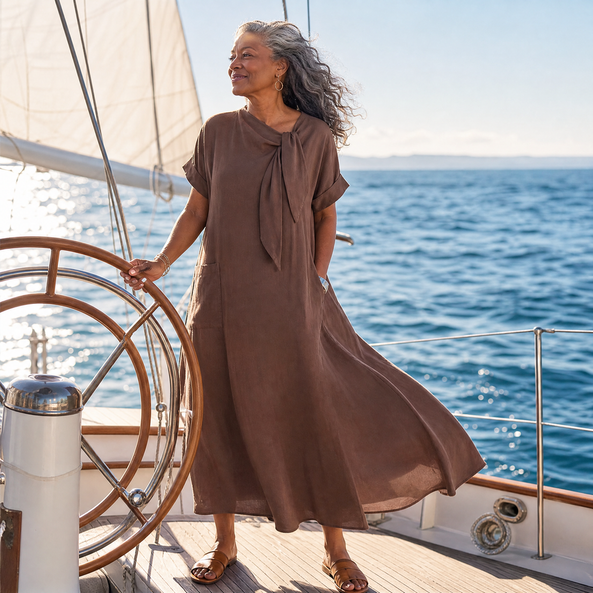 Tivara | Short Sleeve Tie Neck Pocket Midi Dress