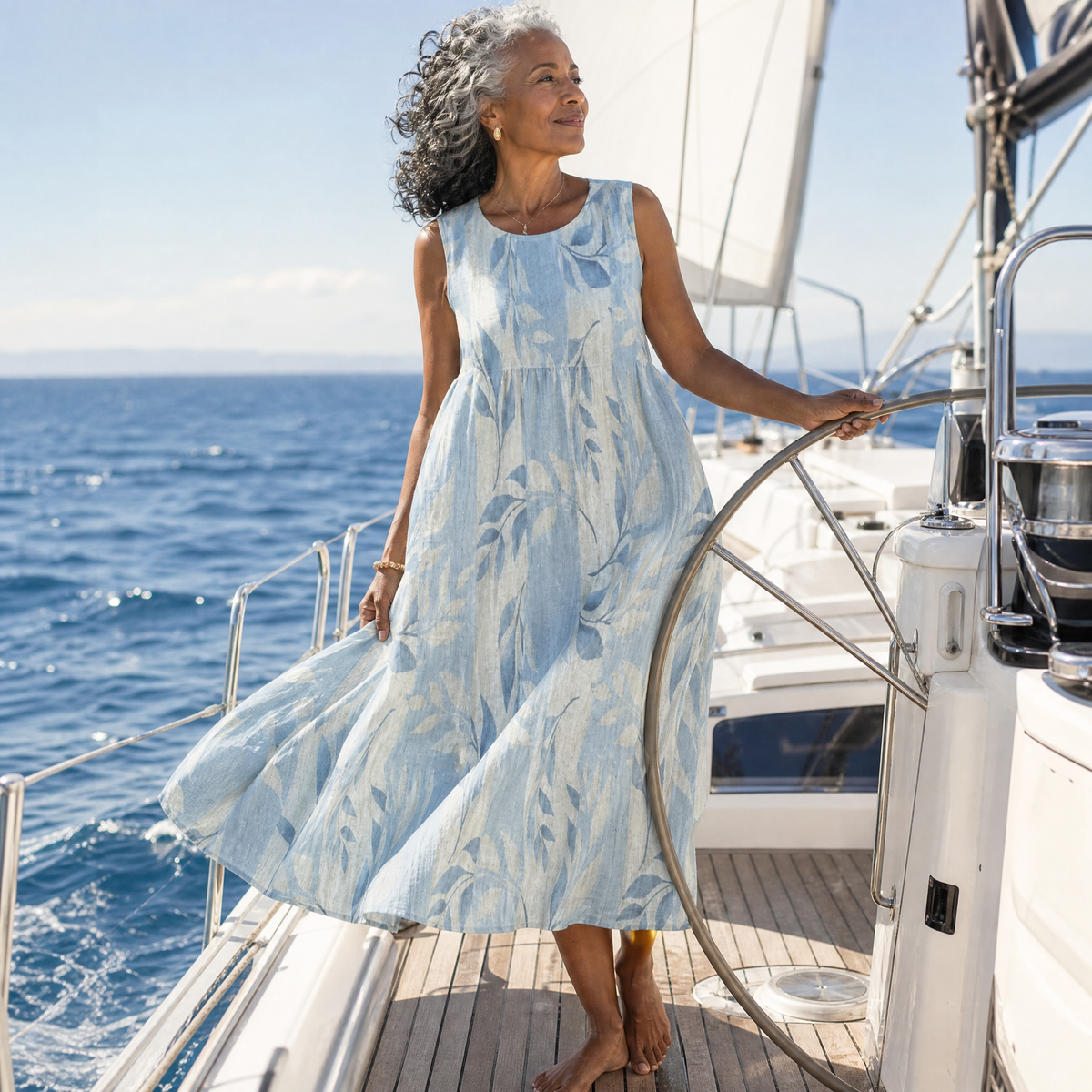 Solene | Sleeveless Blue Leaf Pattern Midi Dress