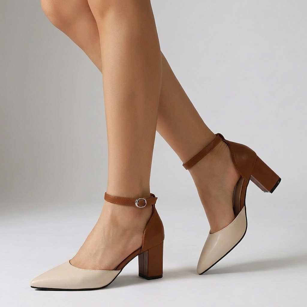 Pointed Toe Ankle Strap Block Heel Pumps