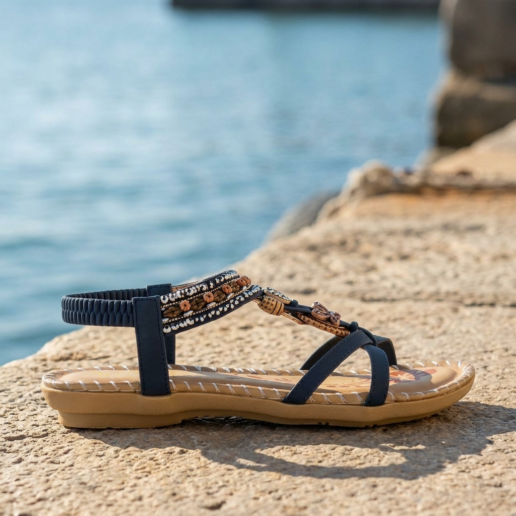 Beaded T-Strap Slingback Flat Sandals