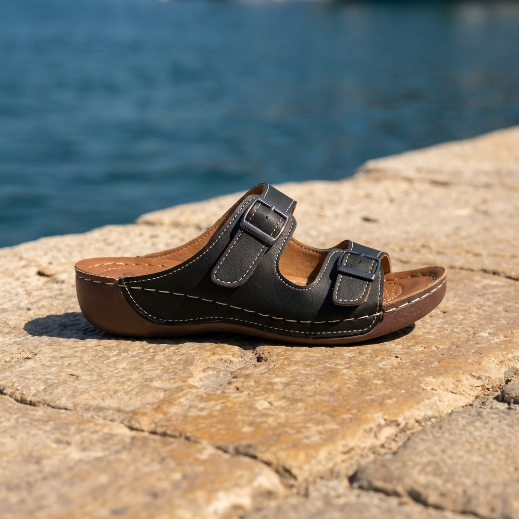 Double Buckle Strap Wedge Slide Sandals