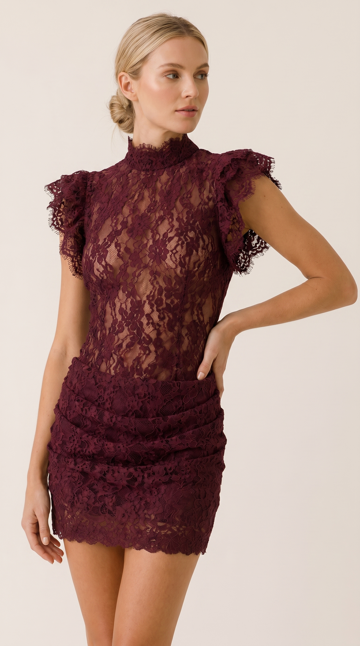 Women's Lace Mini Dress – Ruched Party Dress