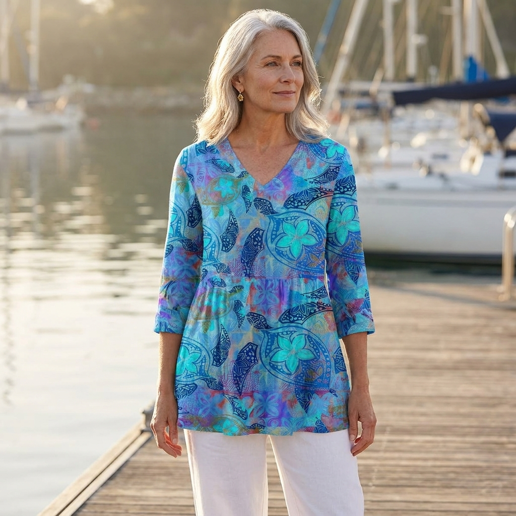 Batik Print V-Neck Three Quarter Sleeve Peplum Tunic Top