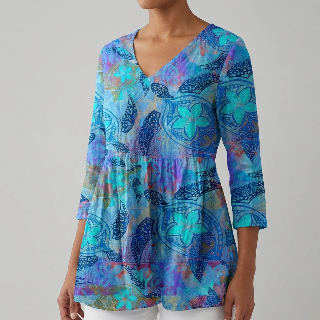 Batik Print V-Neck Three Quarter Sleeve Peplum Tunic Top