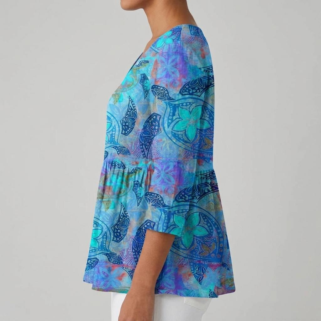 Batik Print V-Neck Three Quarter Sleeve Peplum Tunic Top