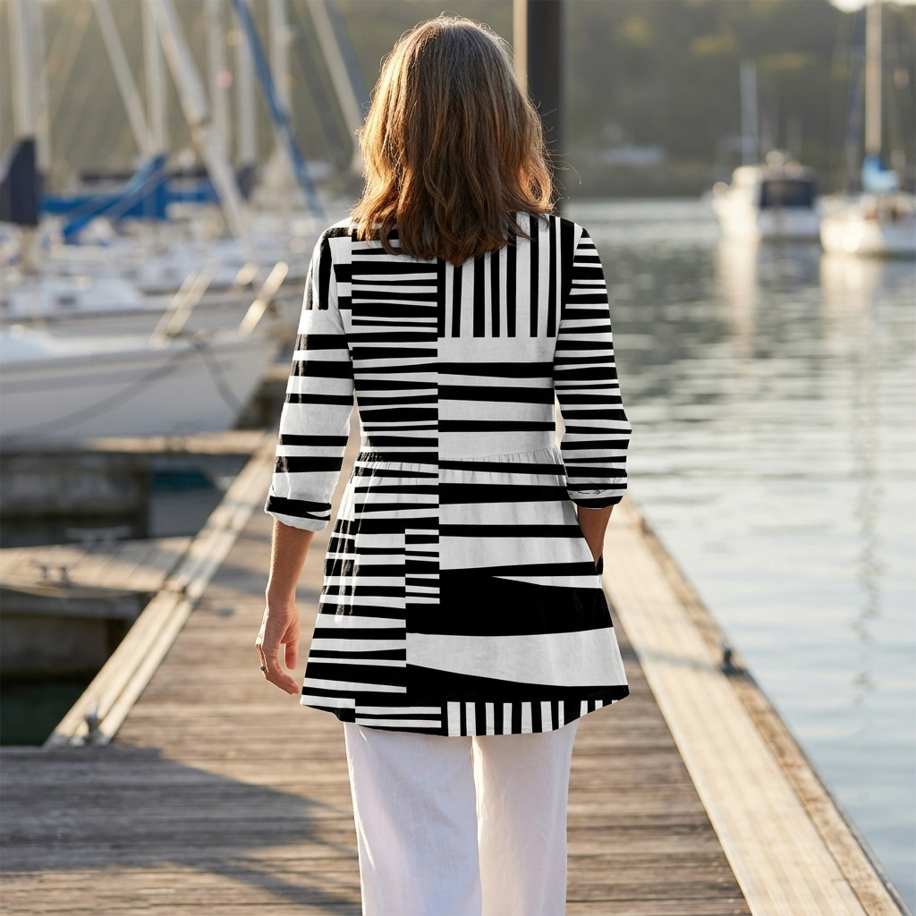 Striped V-Neck Three Quarter Sleeve Tunic Top
