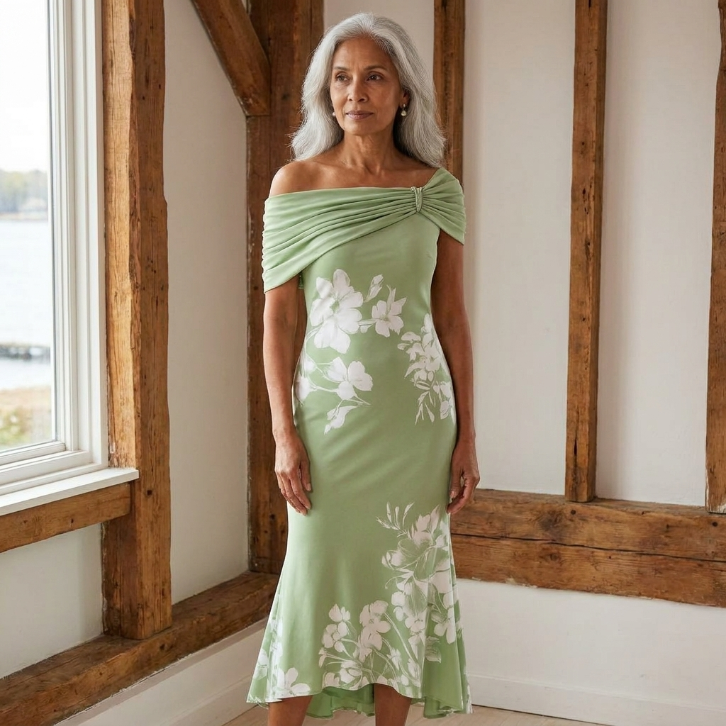 Floral Print Off Shoulder Ruched Fishtail Midi Dress