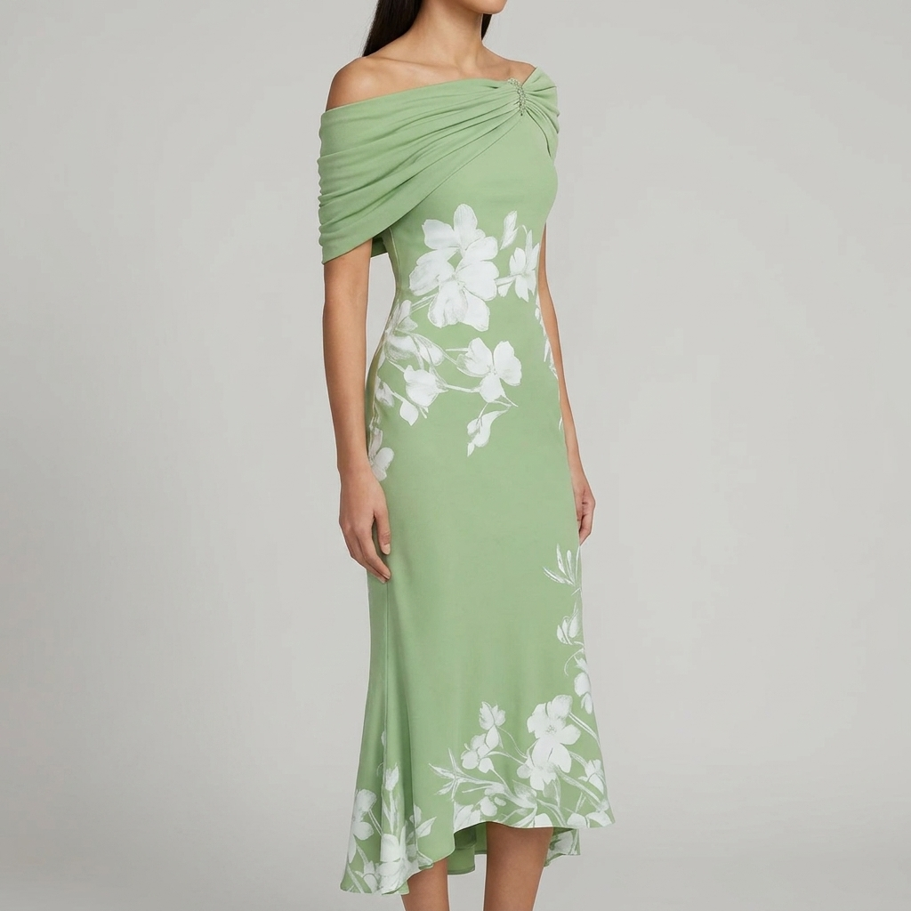Floral Print Off Shoulder Ruched Fishtail Midi Dress 4