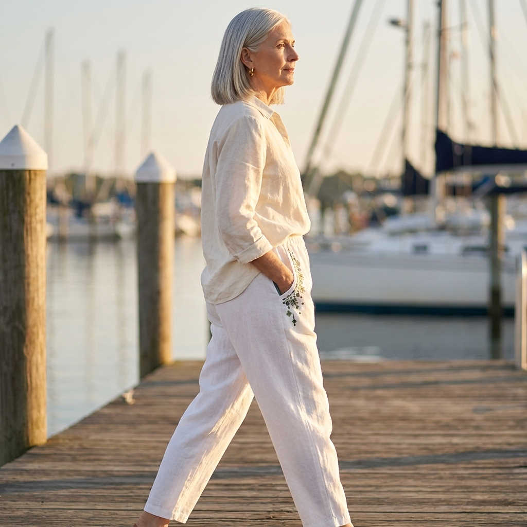 Embroidered Pocket Elastic Waist Linen Look Pants
