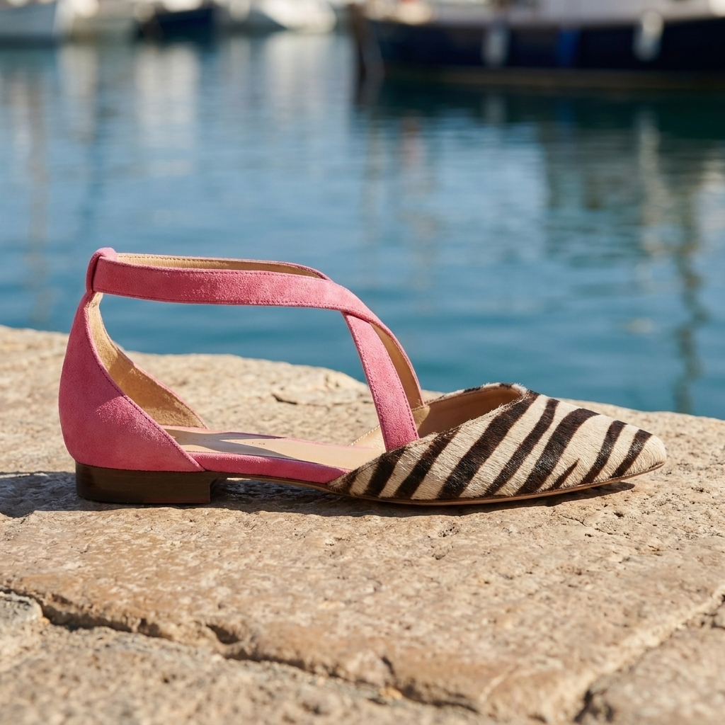Zebra Print Pointed Toe Cross Strap Flats