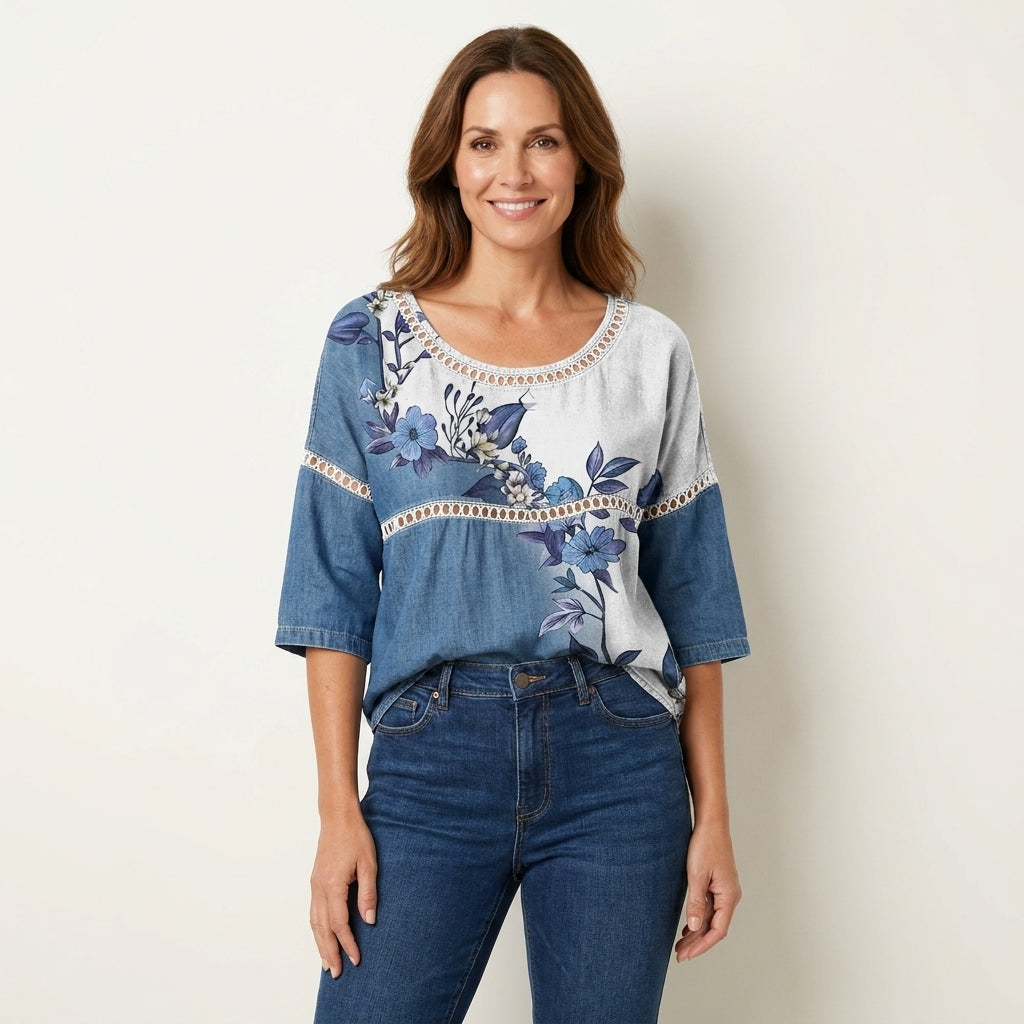 Floral Print Lace Trim Three Quarter Sleeve Denim Top