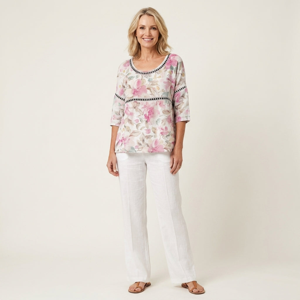 Floral Print Lace Trim Scoop Neck Three-Quarter Sleeve Top