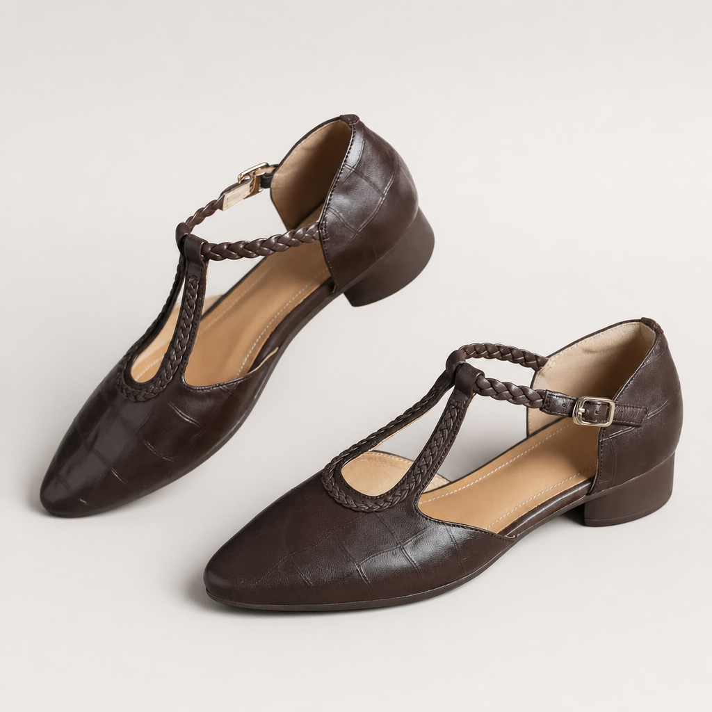 Braided T Strap Low Block Heel Mary Jane Flats