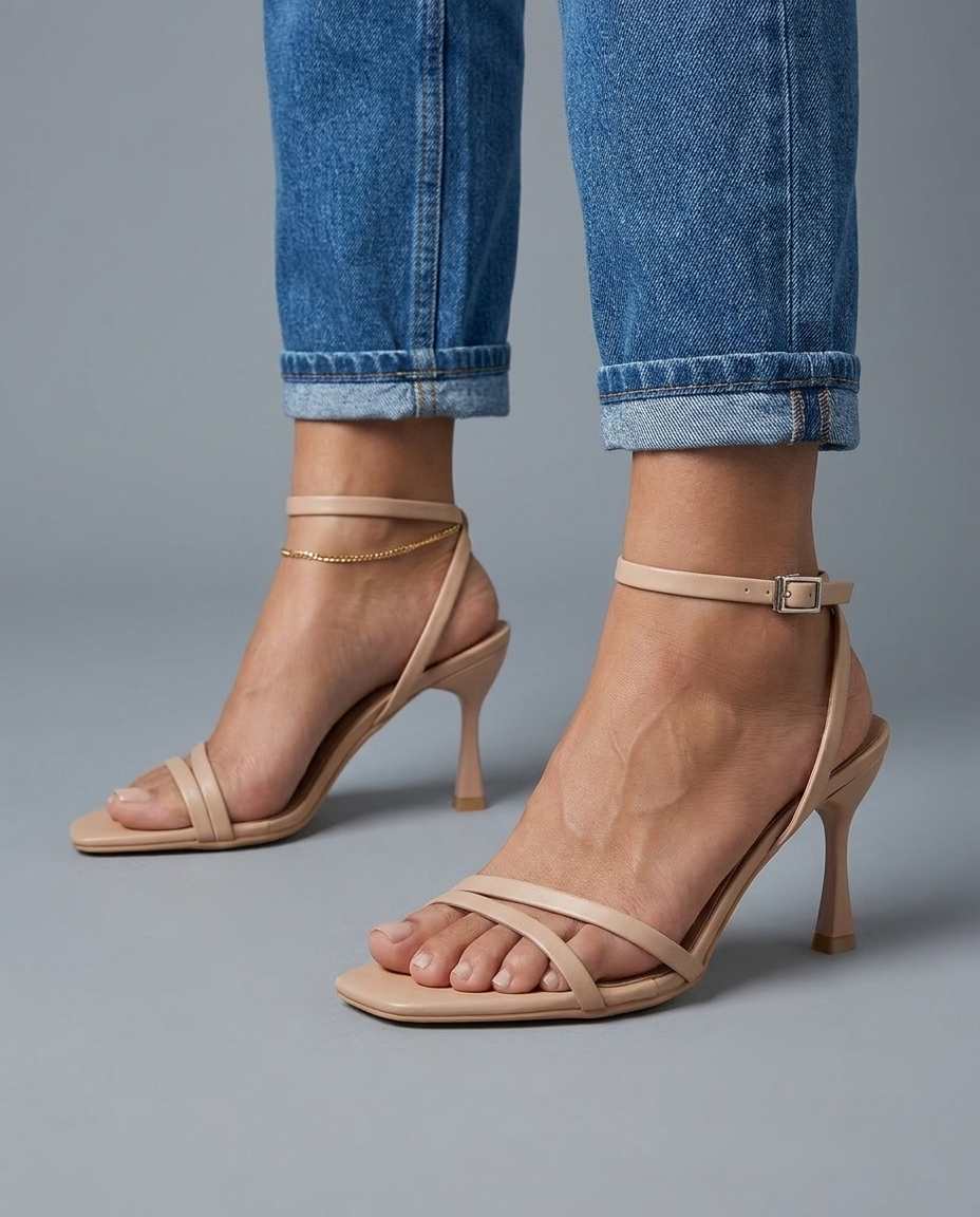 Square Toe Strappy Ankle Strap Stiletto Heel Sandals