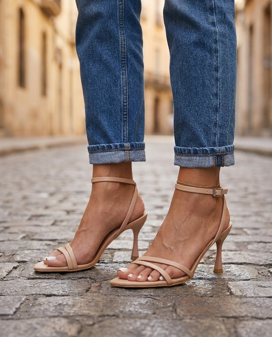 Square Toe Strappy Ankle Strap Stiletto Heel Sandals
