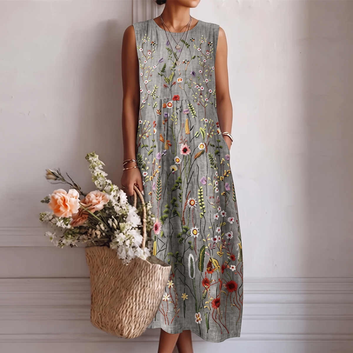 Botanical Floral Crew Neck Sleeveless Pocket Midi Dress
