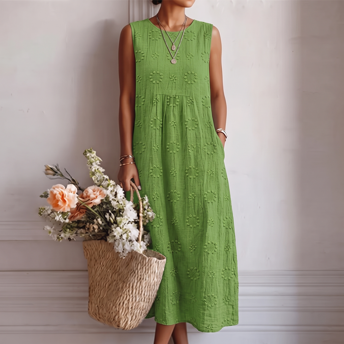 Textured Floral Crew Neck Sleeveless A-Line Midi Dress