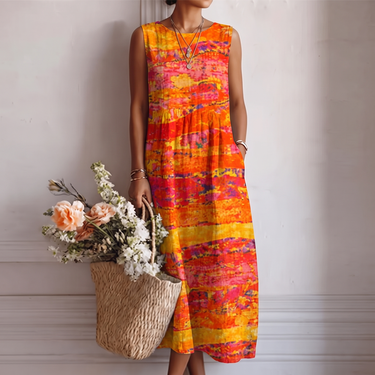 Tie Dye Print Round Neck Sleeveless Pocket Midi Dress