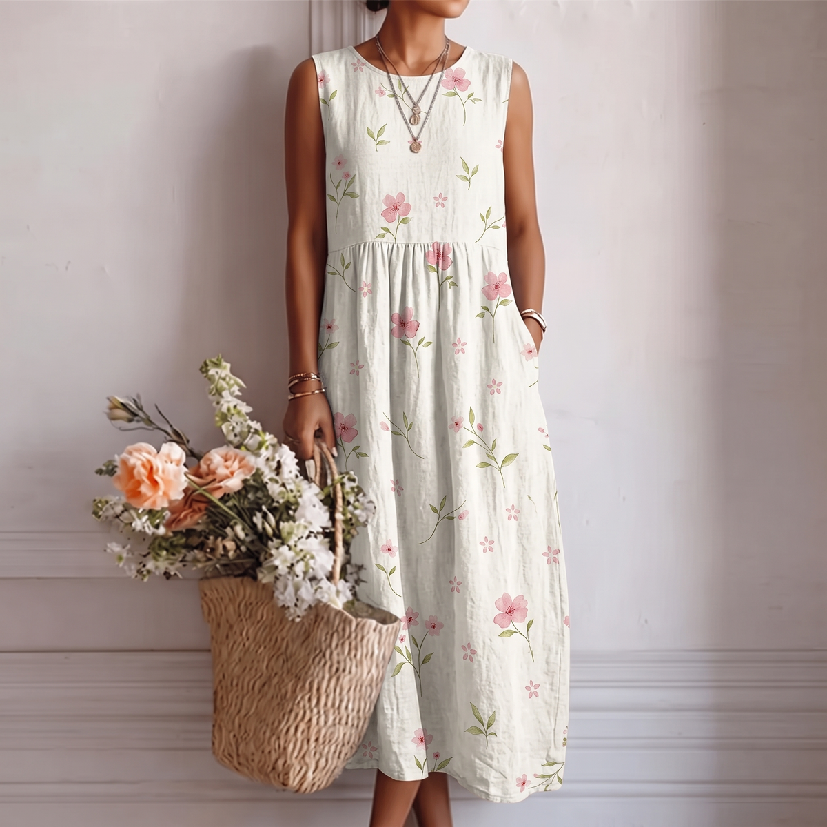 Floral Print Crew Neck Sleeveless Pocket Midi Dress