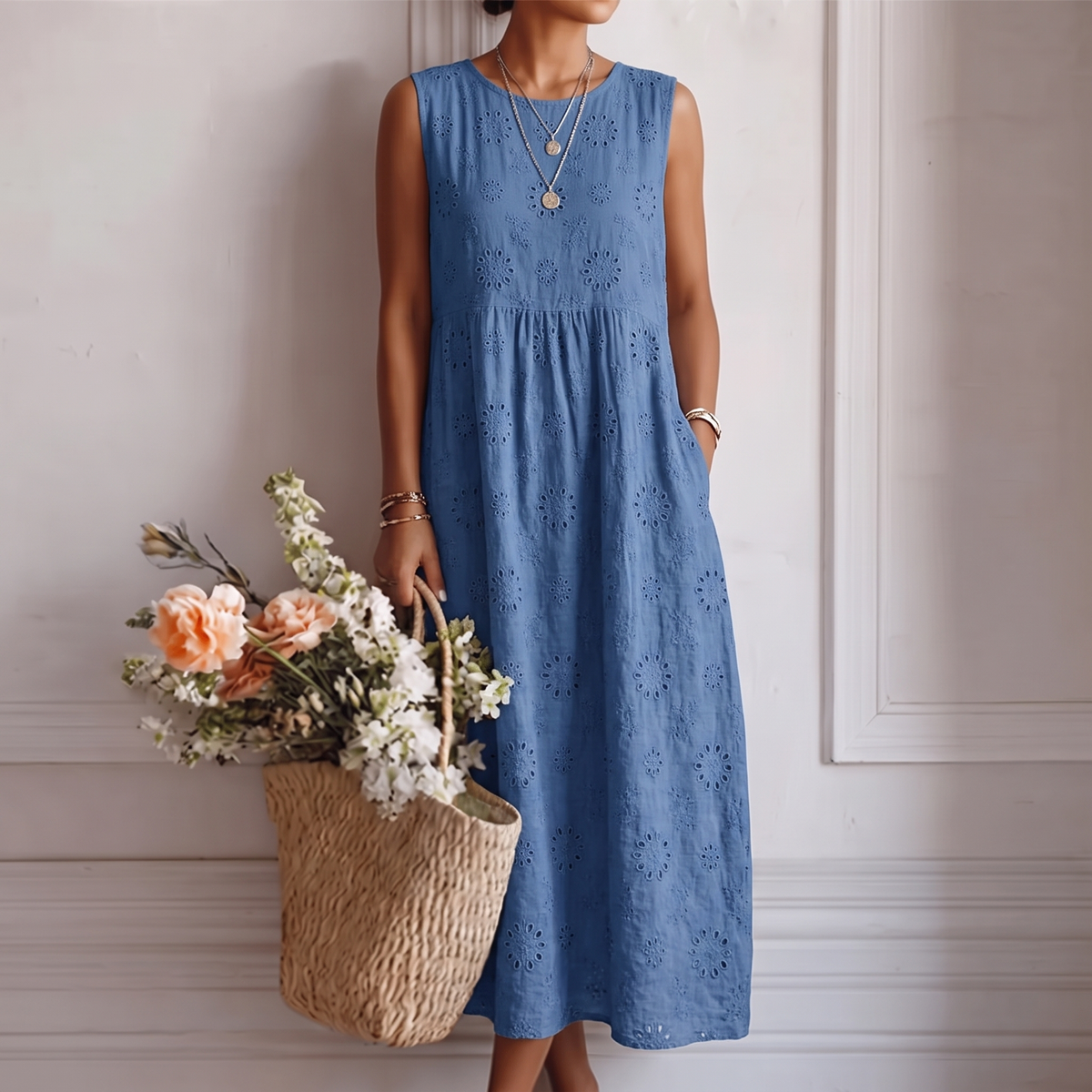 Eyelet Crew Neck Sleeveless Midi Dress